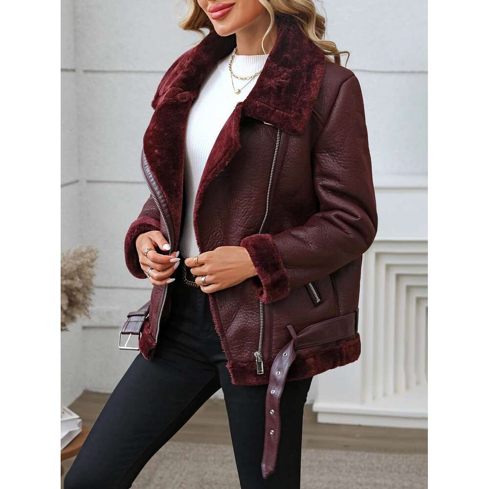 Fitaylor Winter Women Faux Fur High Street Motorcycle Outwear Casual Lady Thick Warm Leather Jacket