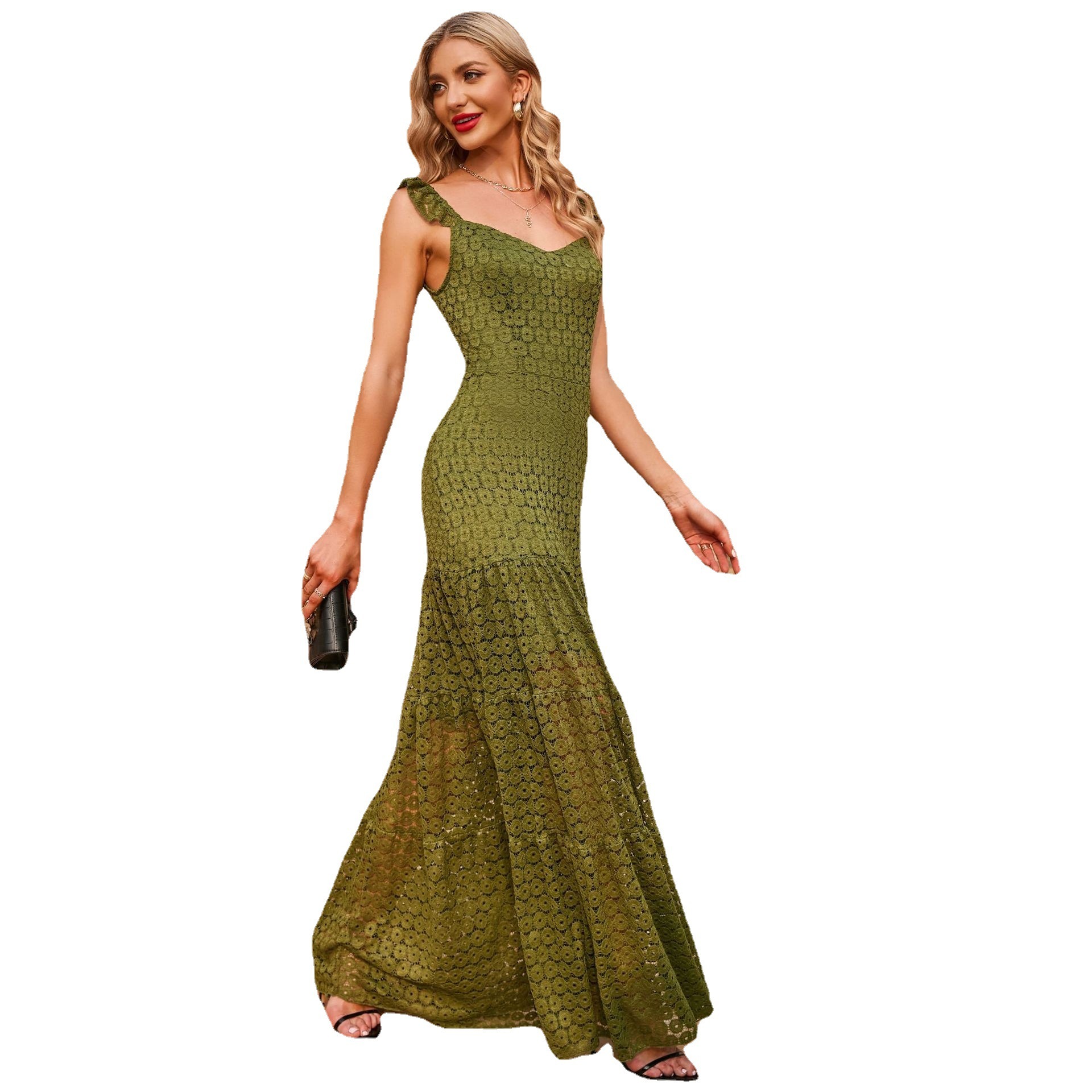 Summer New Strap Sleeveless Slim Fit Green Dress High Waist Long Dress Womens New Style