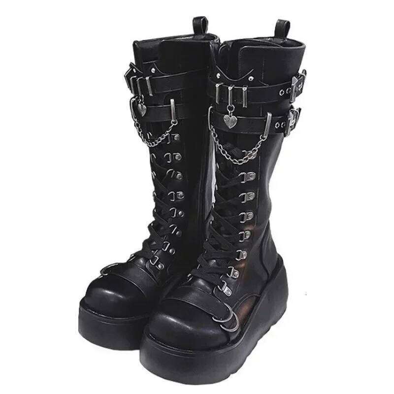 Motorcycle Platform for Women Wedges Knee High Black Lace Up Fashion Goth Gothic Boots Punk Shoes Girls Winter
