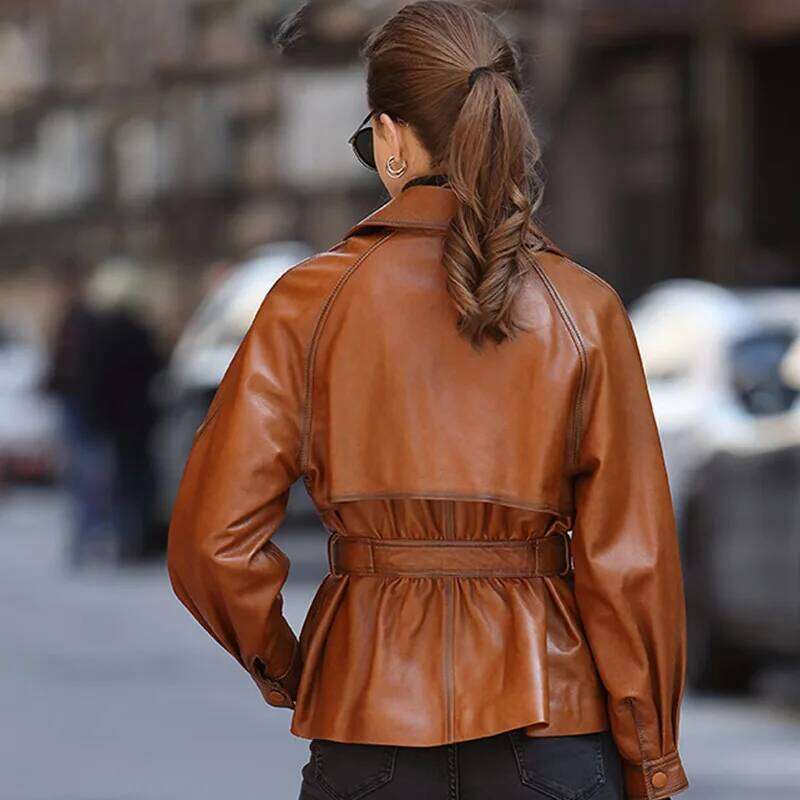 Women's Red Leather Jacket, Motorcycle Coat, Genuine Tops, Belt, Short Sheepskin Jacket,Autumn And Winter