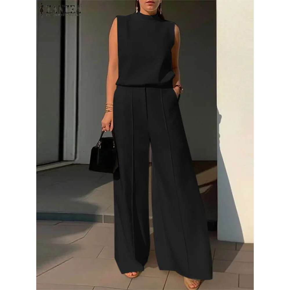 Elegant Women OL Work Wide Leg Trousers Suits Solid Tracksuit 2024 ZANZEA Summer Sleeveless Blouse Casual Pants Sets 2Pcs