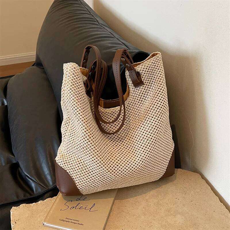 2025 Boho-Chic Raffia Tote, Convertible Beach Bag with Adjustable Strap, Spacious Woven Vacation Purse for Women