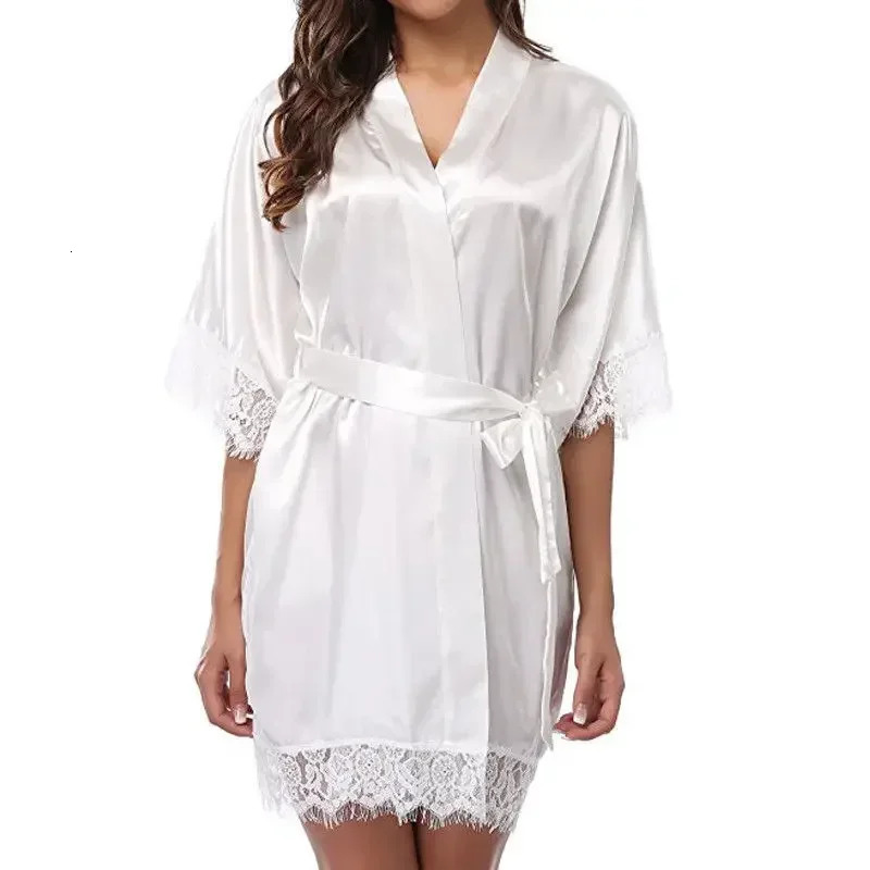 Womens V-Neck Ice Silk Sexy Lace Bathrobe Pajamas Large Size Female Soft and Comfortable Solid Color Sleepwear Bathrobe Pajamas 250519CJ