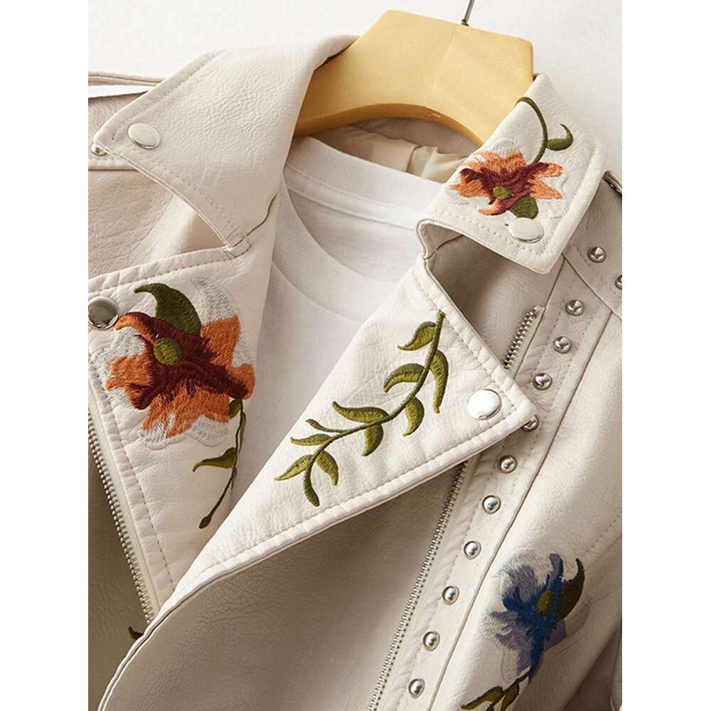Women Rivet Floral Embroidery Coat Lady Moto Biker Black Punk Jacket Faux PU Leather Outerwear