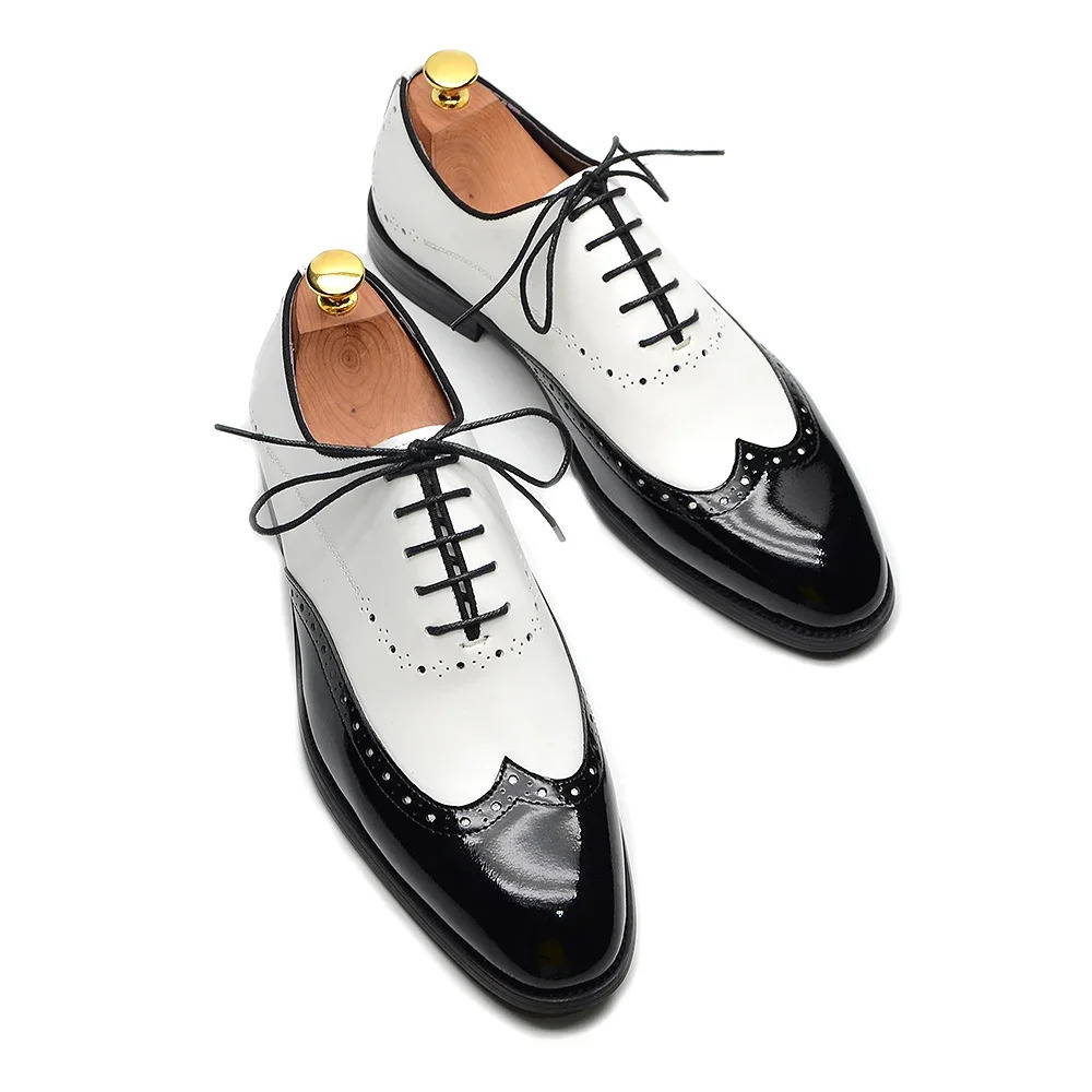 Formal Oxfords Shoes for Men White Black Real Cow Patent Leather Business Lace-up Wingtip Toe Brogue Wedding Mens Dress Shoes 250526