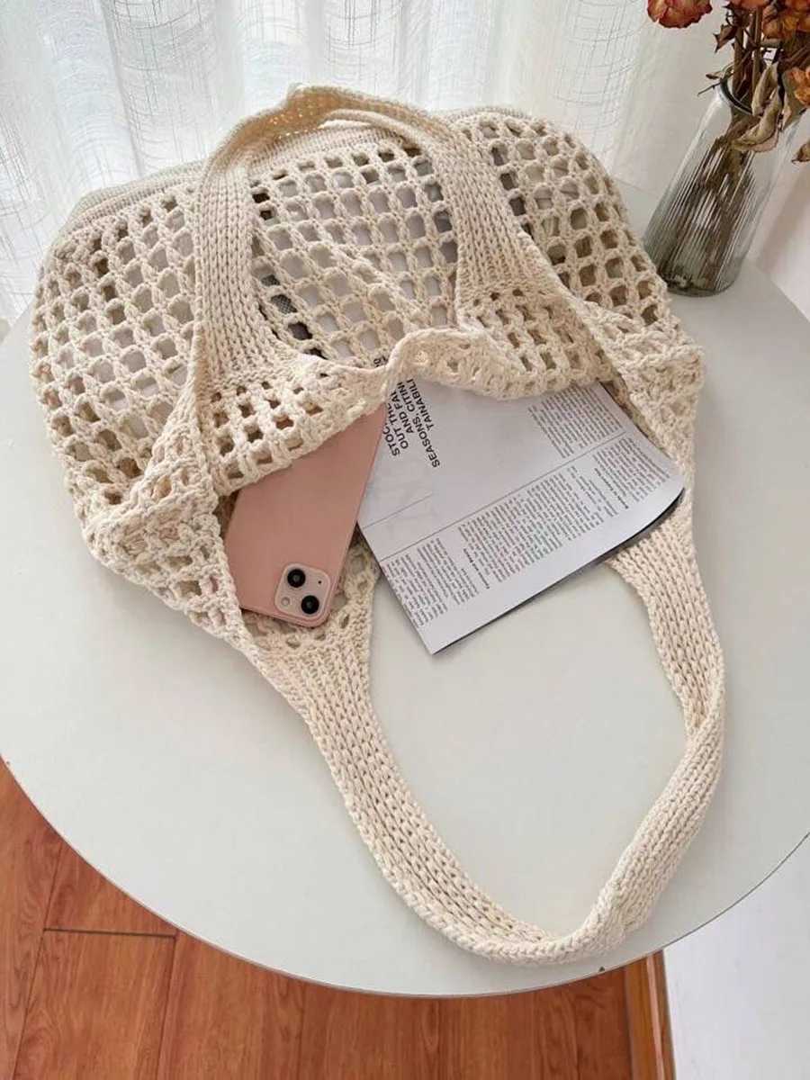 Fashion Vintage Solid Color Knitted Hollow Tote Bag Large Capacity Shopping Shoulder Bag Crochet Handbag for Women W250524