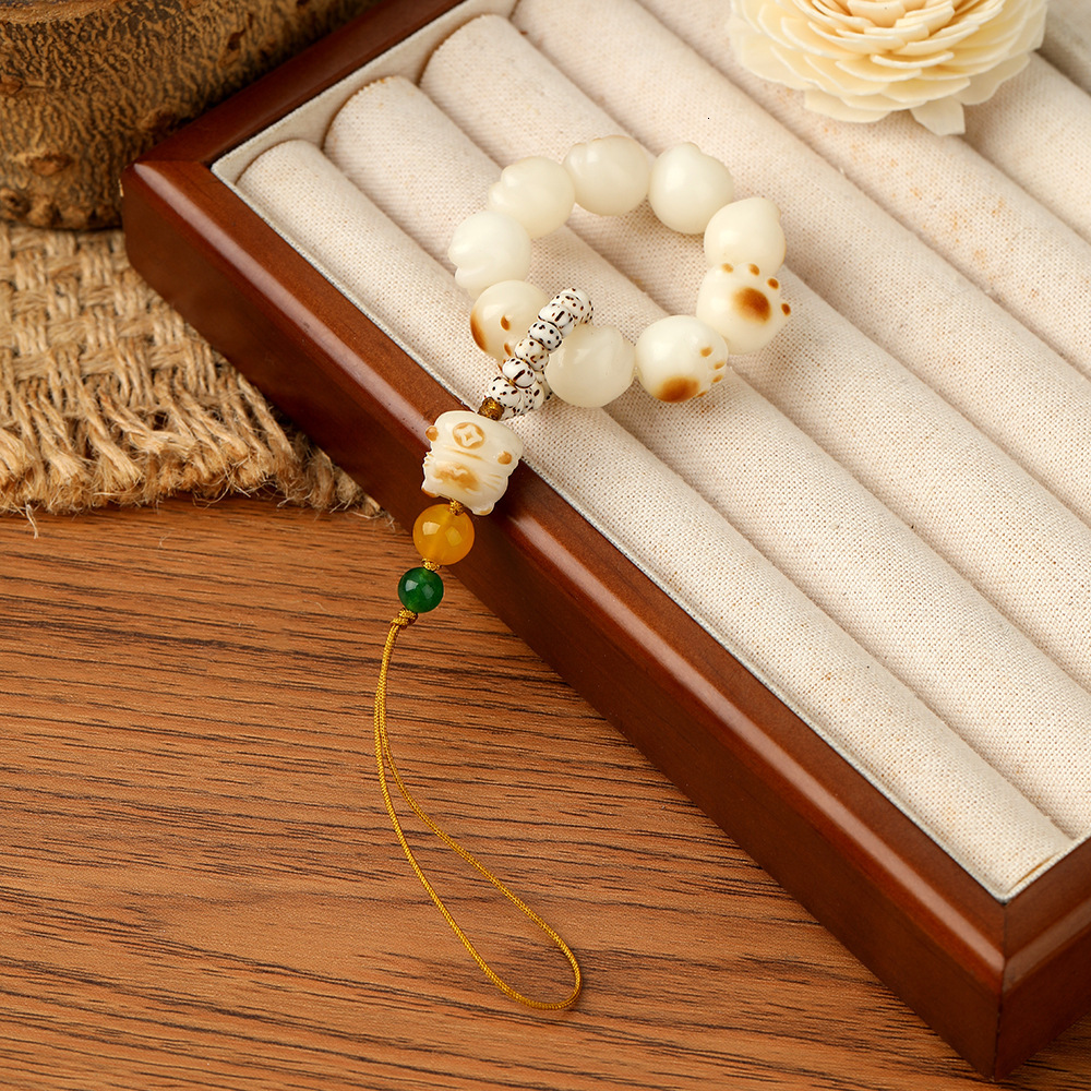Chinese Handstring White Jade Bodhi Fortune Cat Style Bracelet Buddha Beads Cultural Toys Scenic Spots Temple