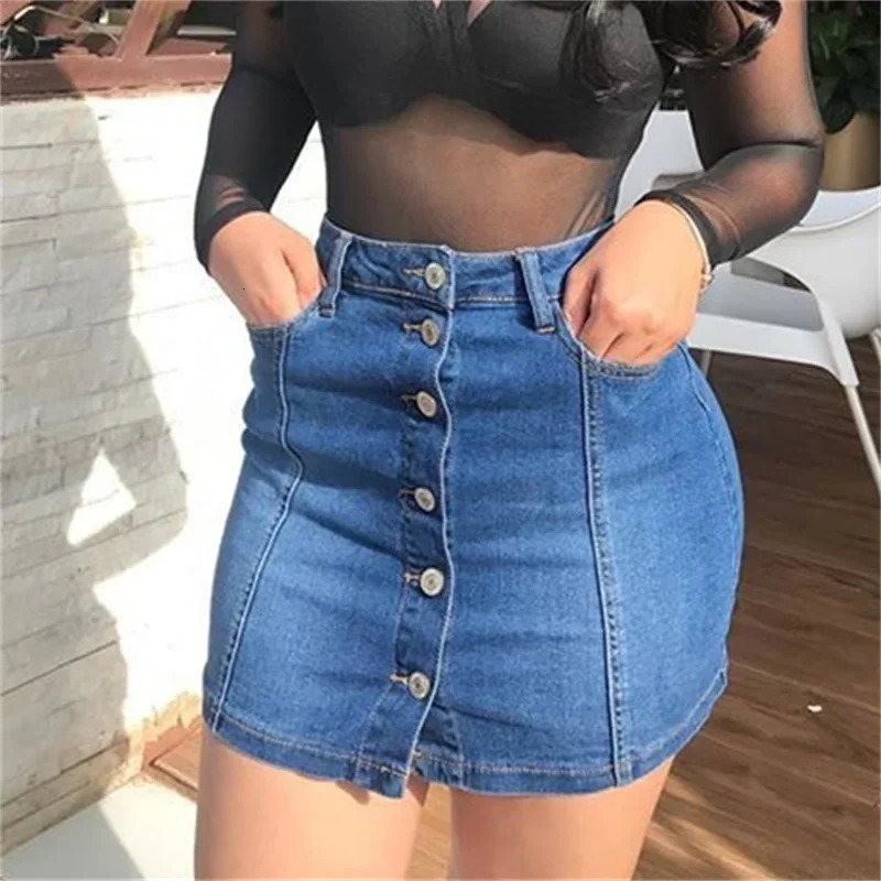 Fashion Singlebreasted Splice Wrap Hip Skirt Women High Waist Slim Fit Denim Halfbody Dress Female Office Casual Wear 250516Z