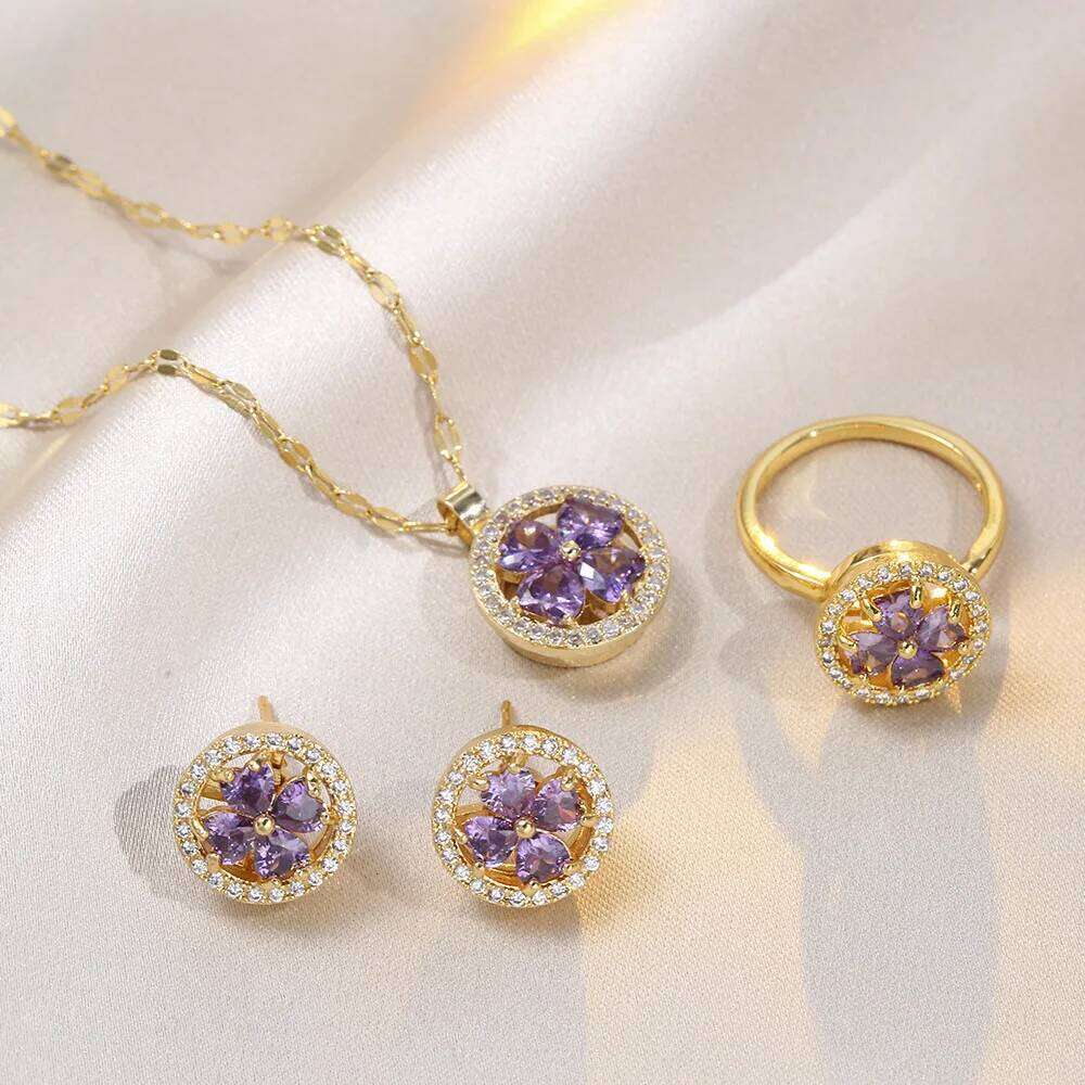 Sweet Flower Purple Zircon Pendant Necklace Earrings Set For Women Girls Stainless Steel Chain Party Accessories Jewelry
