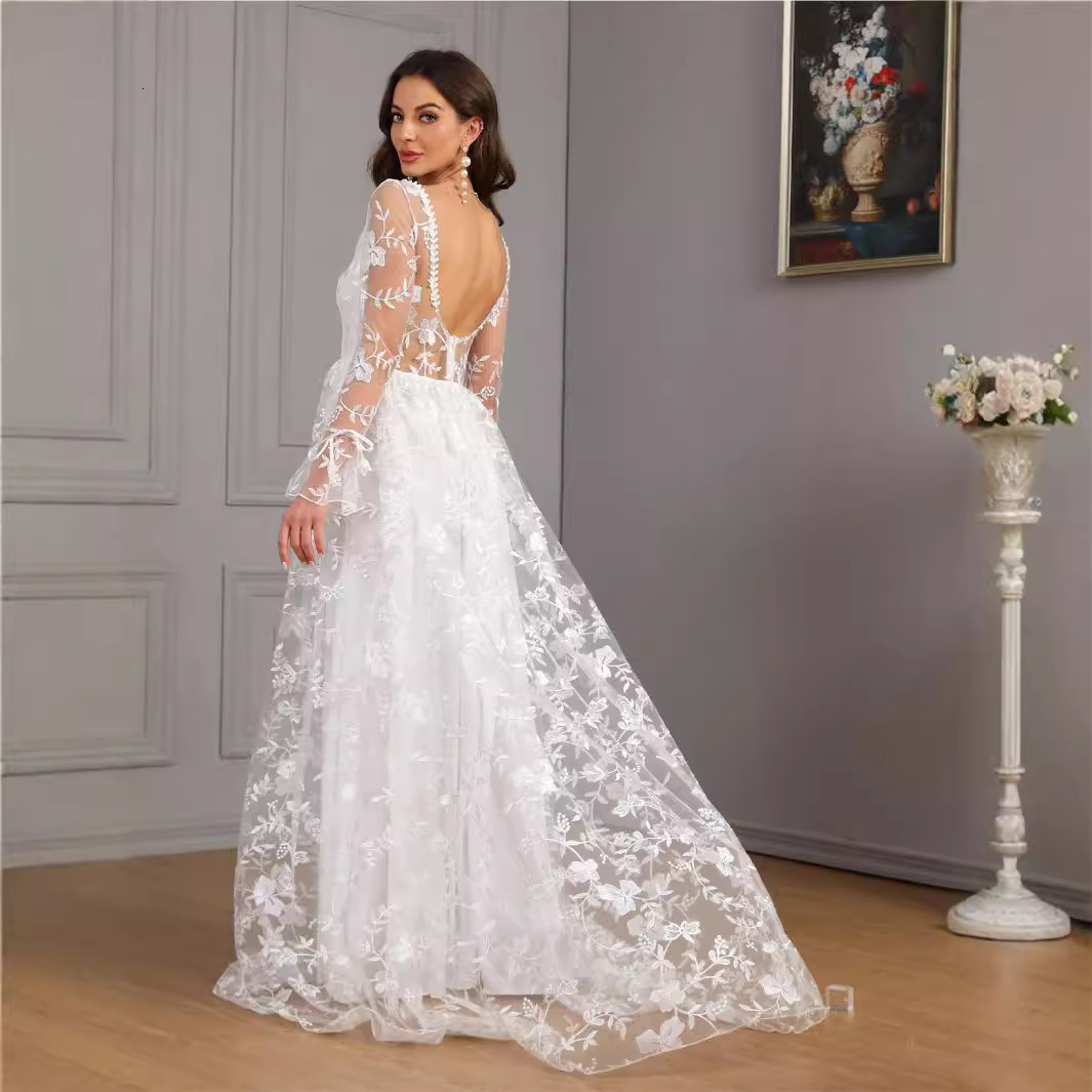 New womens clothing for autumn and winter long sleeves V-neck big hem trailing lace dress wedding dress