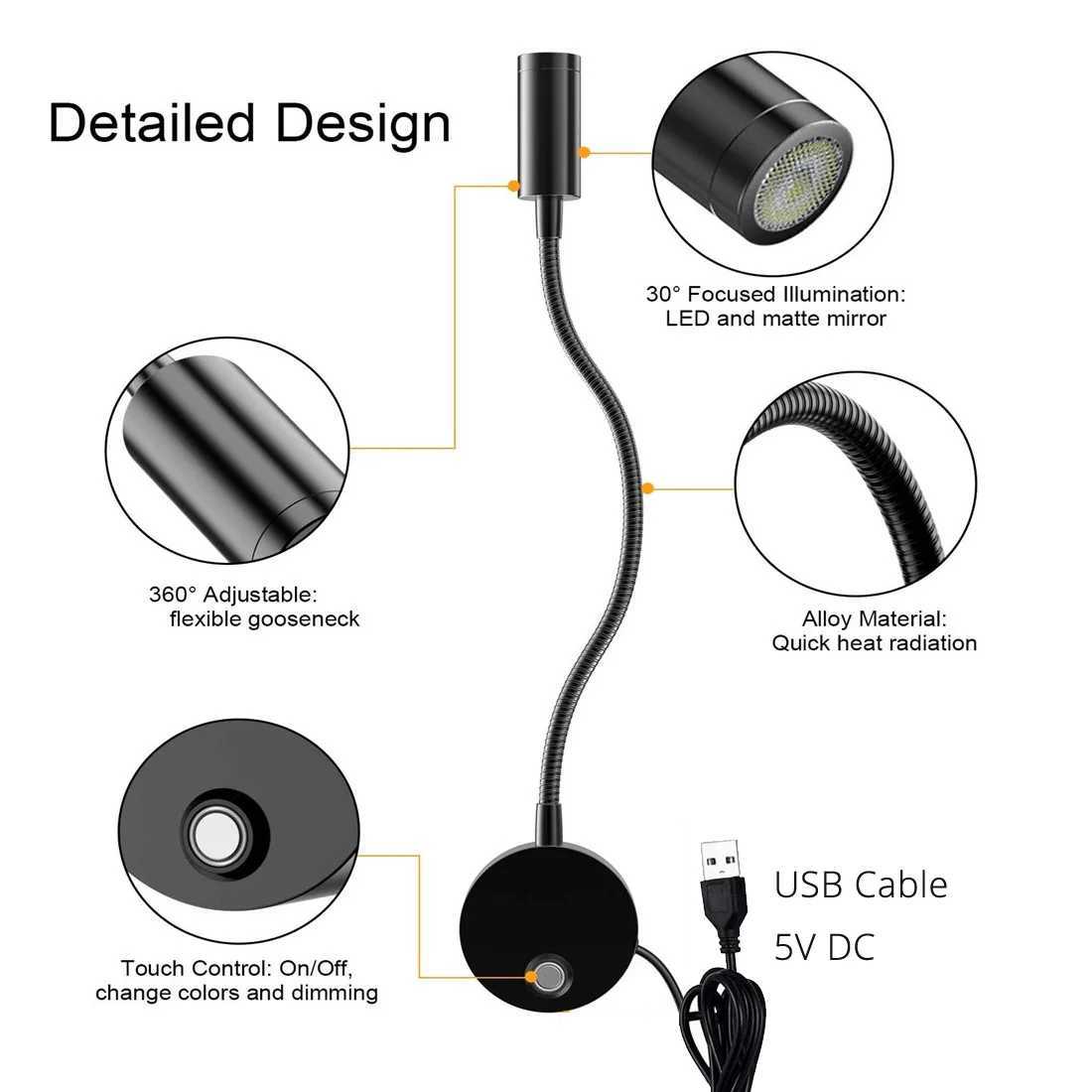 2pcs 5V USB Bedside Wall Reading Lamp Sconces 3CCT Touch Dimming Longer 15 Gooseneck Read Working Study 3W LED Book LightsXJ250526
