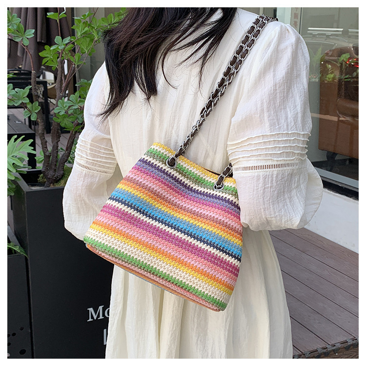Free Shipping Designer Bag Women's Summer Woven Shoulder Bag Rainbow Striped Grass Woven Bag Large Capacity Chain Shopping Bag Leisure Vacation B