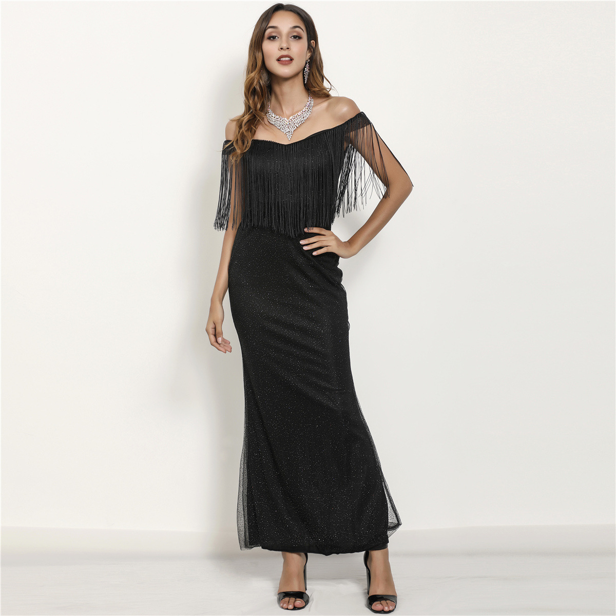 Dresses with tassels sexy off shoulder slim fitting buttocks wrapped dress long skirt