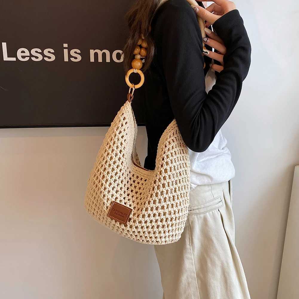Woven Shoulder Bag Adjustable Strap Crochet Tote Bag for Women Mesh Crossbody Bag Large Capacity Hobo Bag for Travel Vacation W250524