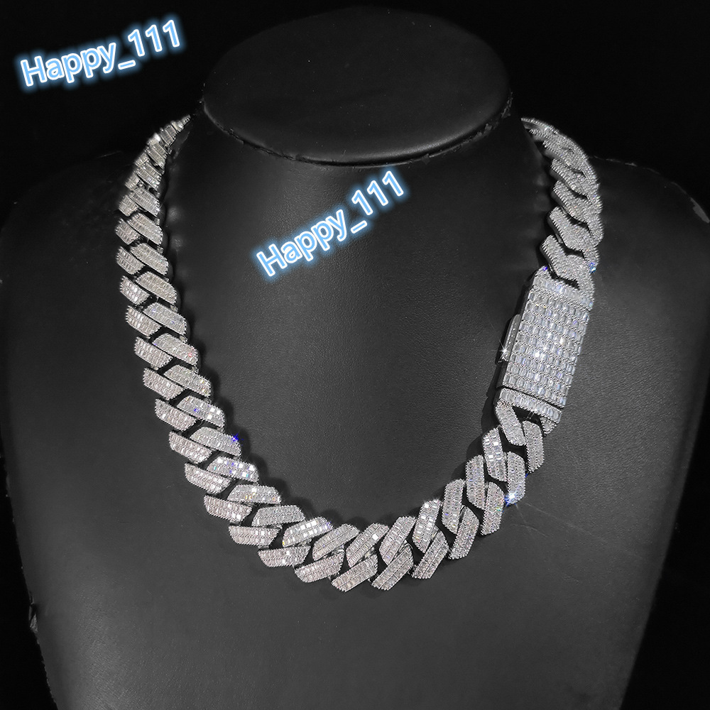 Customized 20mm 2 Rows Baguette CZ Zircon Iced Out Miami Cuban Link Chain Bracelet Bling Brass Hip Hop Jewelry Necklace