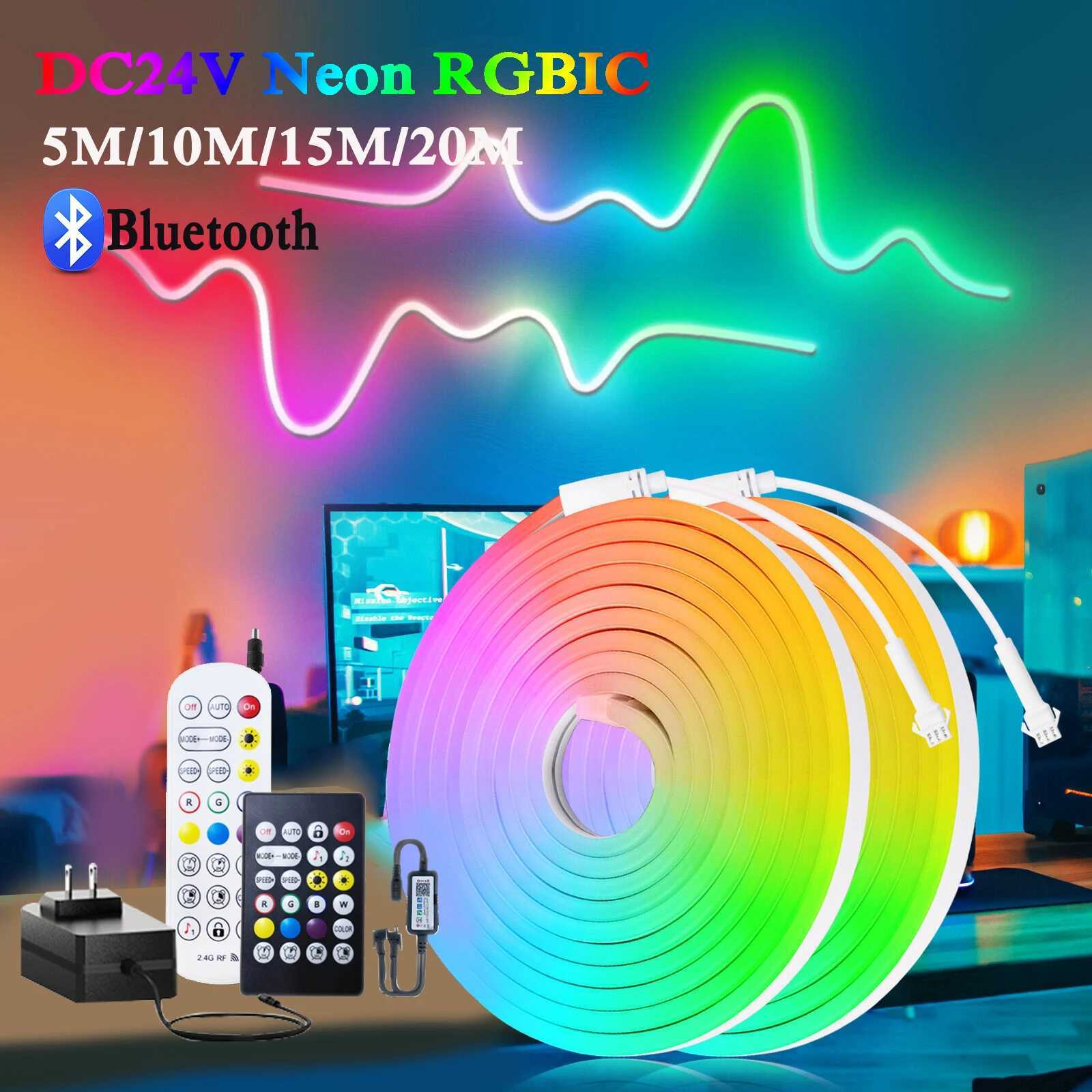 24V RGBIC 5m 10m 20m LED Neon Strip Light Bluetooth APP 24key Remote Control Dream Color Rope Music Sync 60LED Waterproof Decor W250526