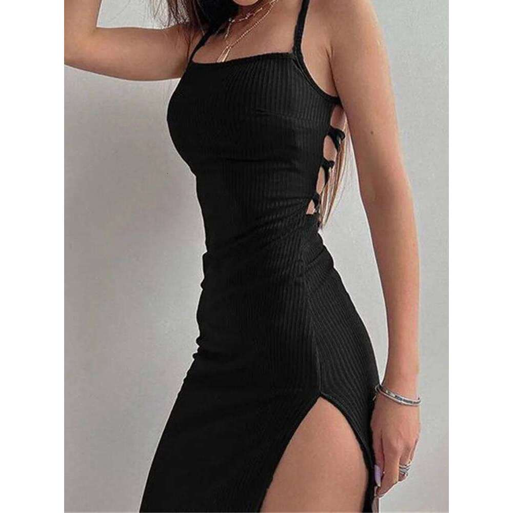Hot Tight Dresses Sexy Black Long Bodycon Dress Women Summer Sleeveless Blackless Halter Neck Spaghetti Strap Dresses High Split Vestidos Casual Knee 