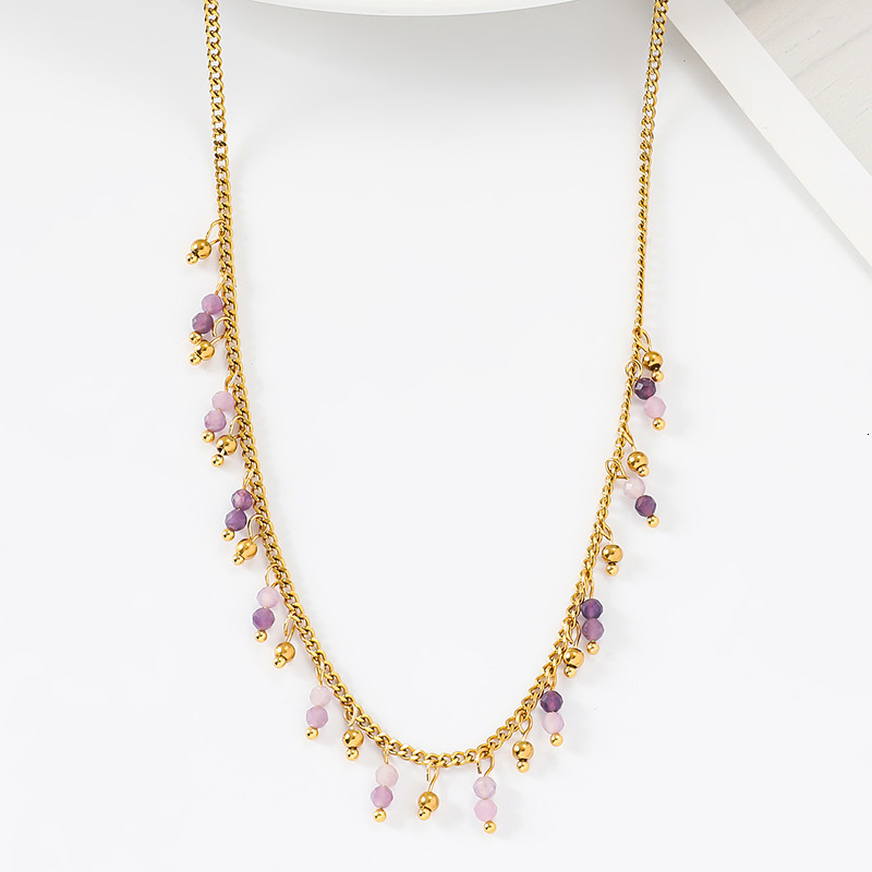 Stainless steel natural necklace French light purple colored stone bead pendant neck decoration