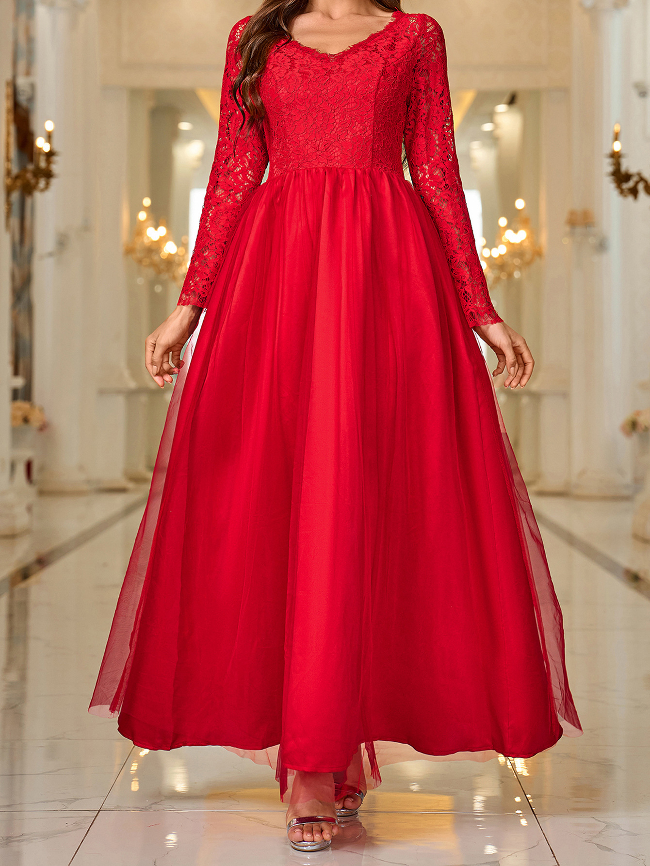 New womens mesh lace long sleeved dress red evening gift