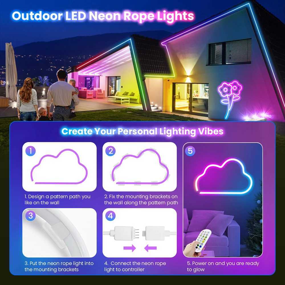 LED Neon RGB Rope Light - 10M RGB Flexible Lights Strip Gaming Light Music Sync Neon Strip Lights DIY Design App Control Neon W250526