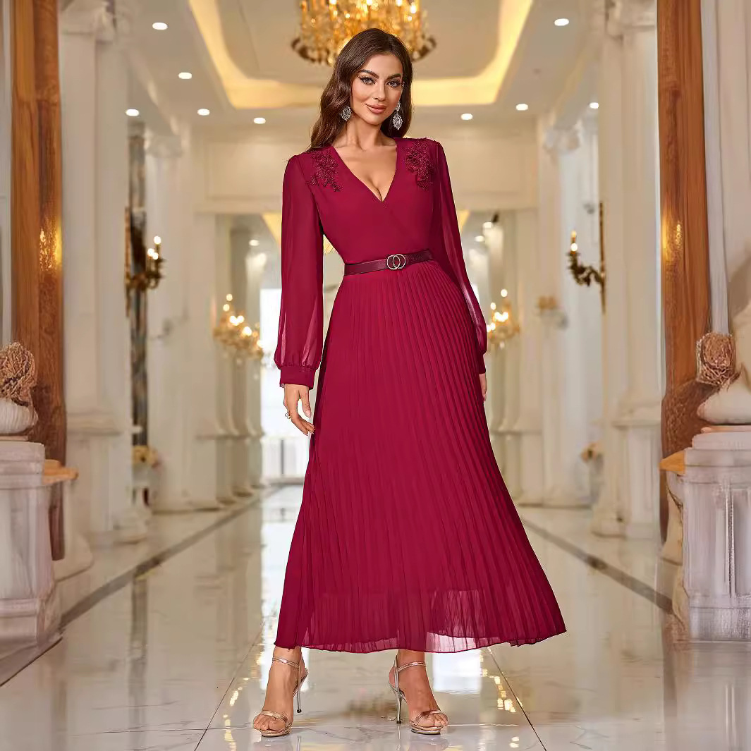 Autumn and winter new dress sexy long sleeved pleated belt ball dress long skirt