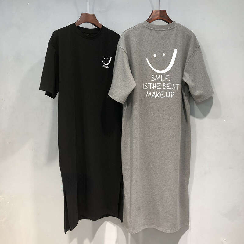 Tight Cut Out Dresses Summer New Versatile Loose Short Sleeve Korean Style Printed Split Mid Length Dress T Shirt For Women Trendy Sexy Dress
