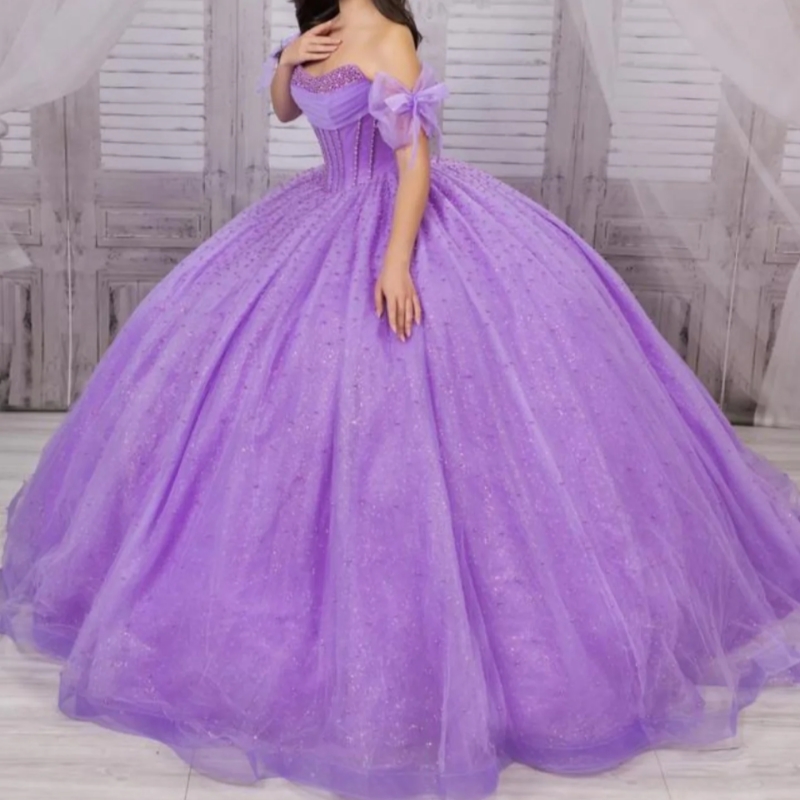Light Purple Shiny Quinceanera Dresses Off Shoulder Ball Gown Sweet 16 Dress Beading Pearl With Cape Tull Birthday Party Vestidos 15 Anos