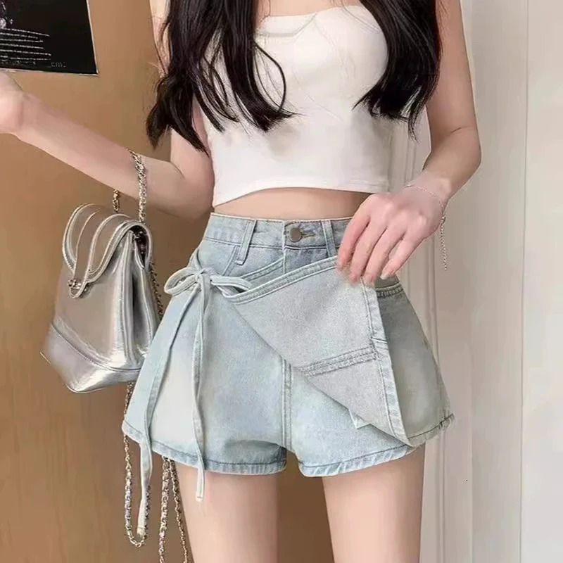 Fashion Bow Knot ALine Denim Skirt Korean Asymmetrical Split Blue Ladies Summer Basic High Waist Skirts Mujer 250516Z