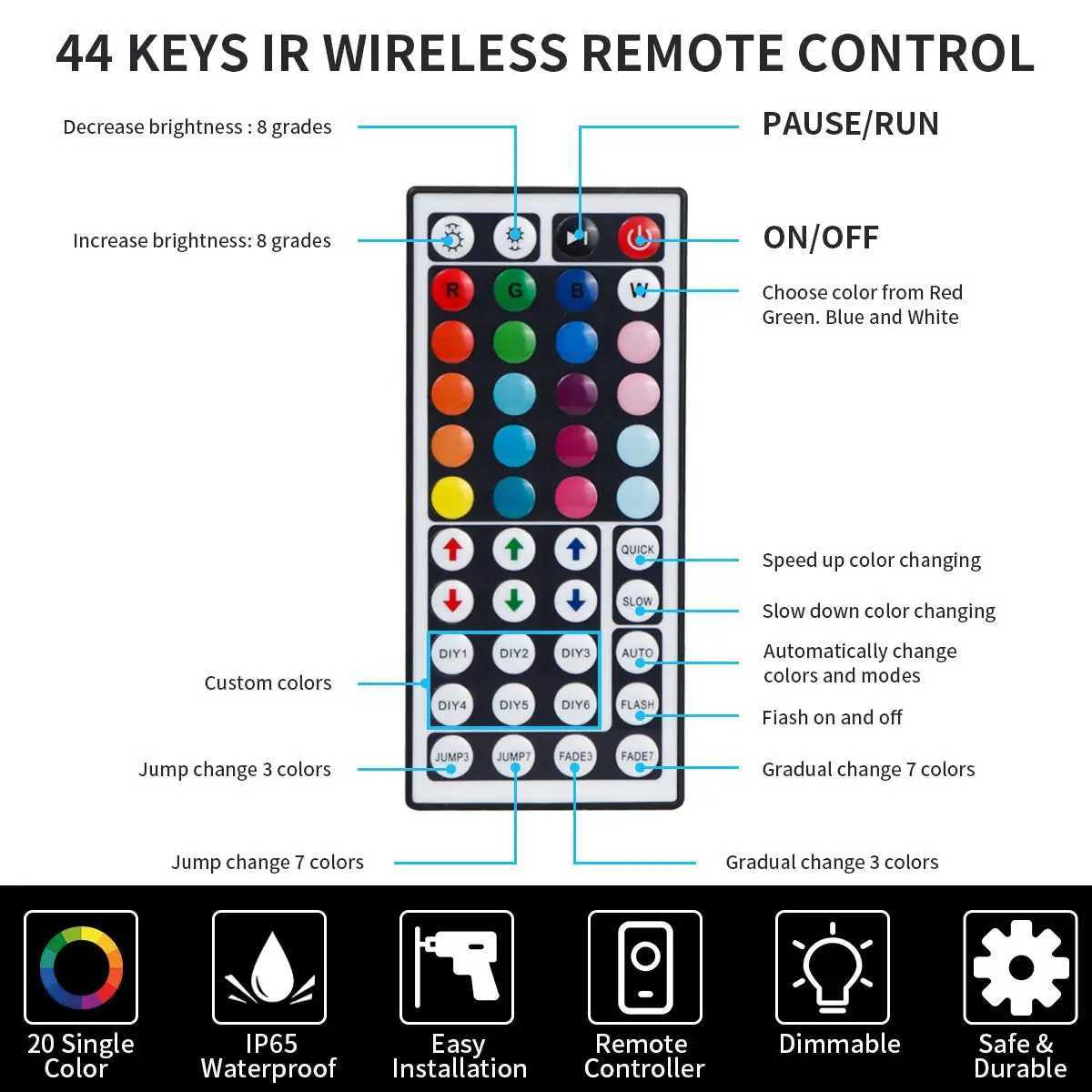 5050 16/LED Strip Lights Bluetooth App IR Control RGB USB Parlak En iyi Yatak Odas TV Duvar ve Oturma Odas Dekorasyon Partisi iin W250526
