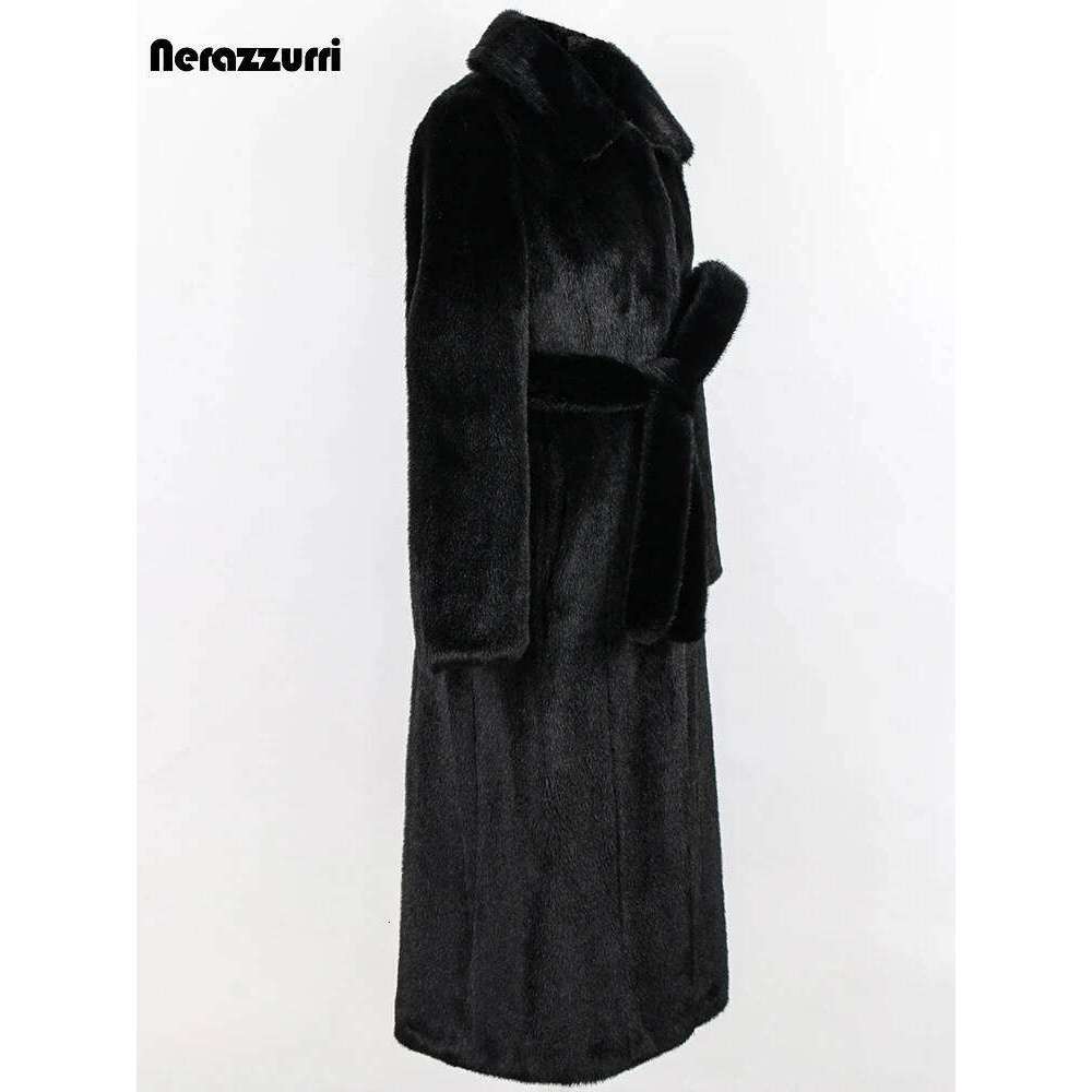 Nerazzurri Winter Long Elegant Black Fitted Thick Warm Soft Fluffy Faux Mink Fur Coat Women Sashes Turn-down Collar 2022