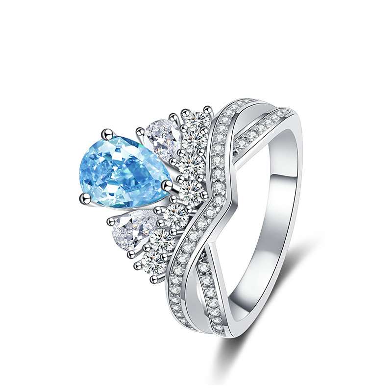 925 Sterling Silver Waterdrop Shape Ring with Sea Blue and Pink 5A Zirconia, Elegant and Fashionable Low-Key Jewelry for Women