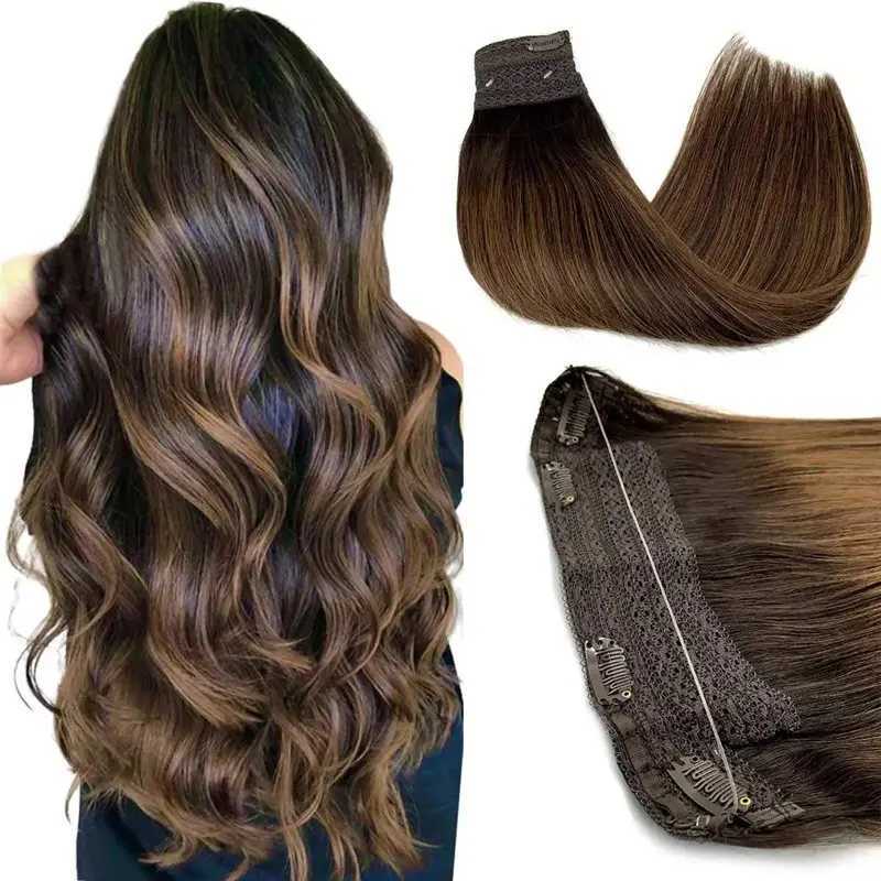 Wire Hair Extensions Real Human Hair Balayage Dark Brown to Chestnut Brown Invisible Transparent Remy Fish Line Hair Extensions S25526