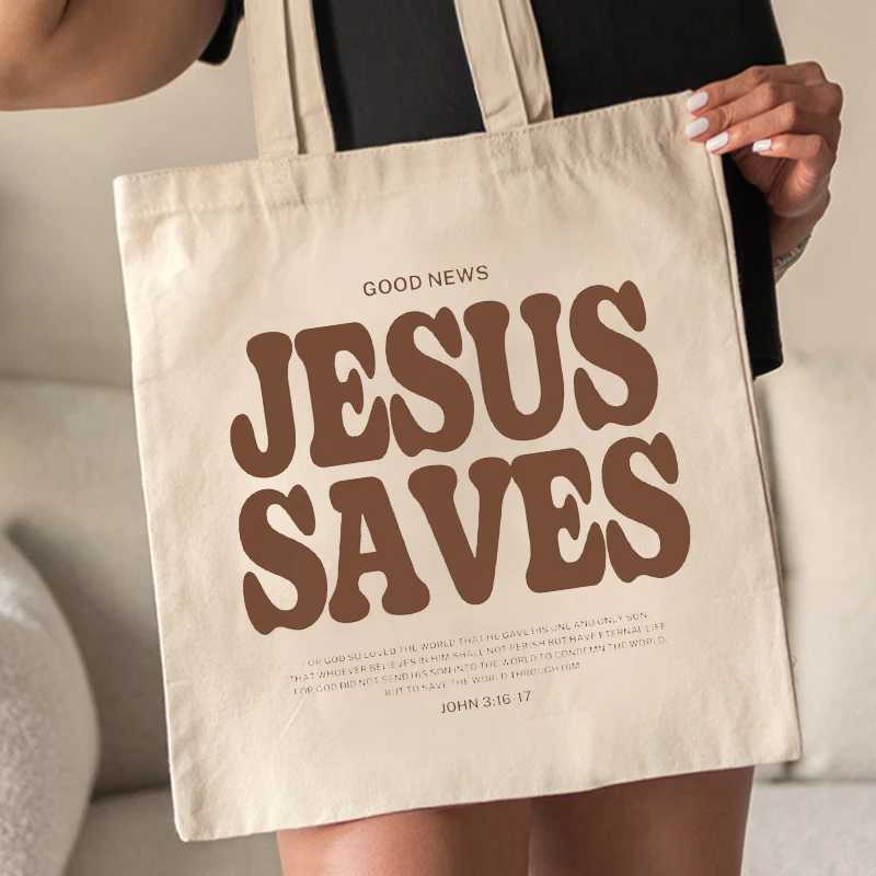 Good News Jesus Saves Pattern Canvas Shoulder Tote Bag Casual Shopping Tote Christ Religion Christian Faith Shopper Handbag W250524