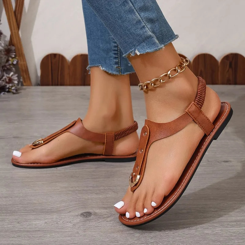 Thong Sandals for Women Summer Simple Fashionable Flats Elastic Band Outdoor Beach Shoes Casual Ladies Rome Sandals 250526
