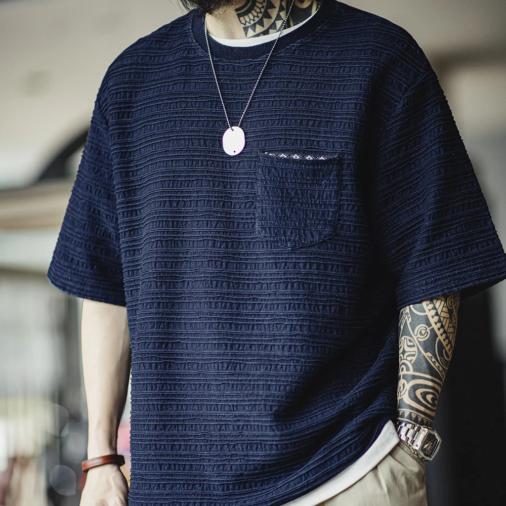 Made Retro Indigo Knitted Jacquard Wave Pattern Textured Tshirt Loose Fit Solid Color Shortsleeved Tee for Mens Summer Tops 250526