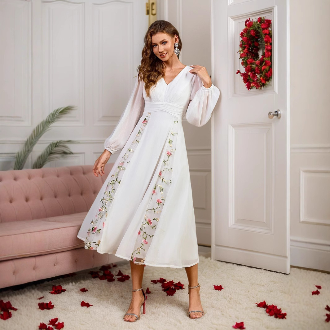 New white fluffy skirt versatile V-neck lantern sleeves mid length skirt banquet wedding bride gift party