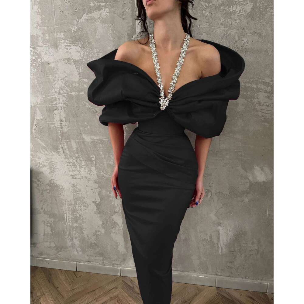 Red Black Women Sexy Halter Off the Shoulder Crystal Ruffles Bodycon Long Bandage Dress Nightclub Party Birthday Celebrate Wear