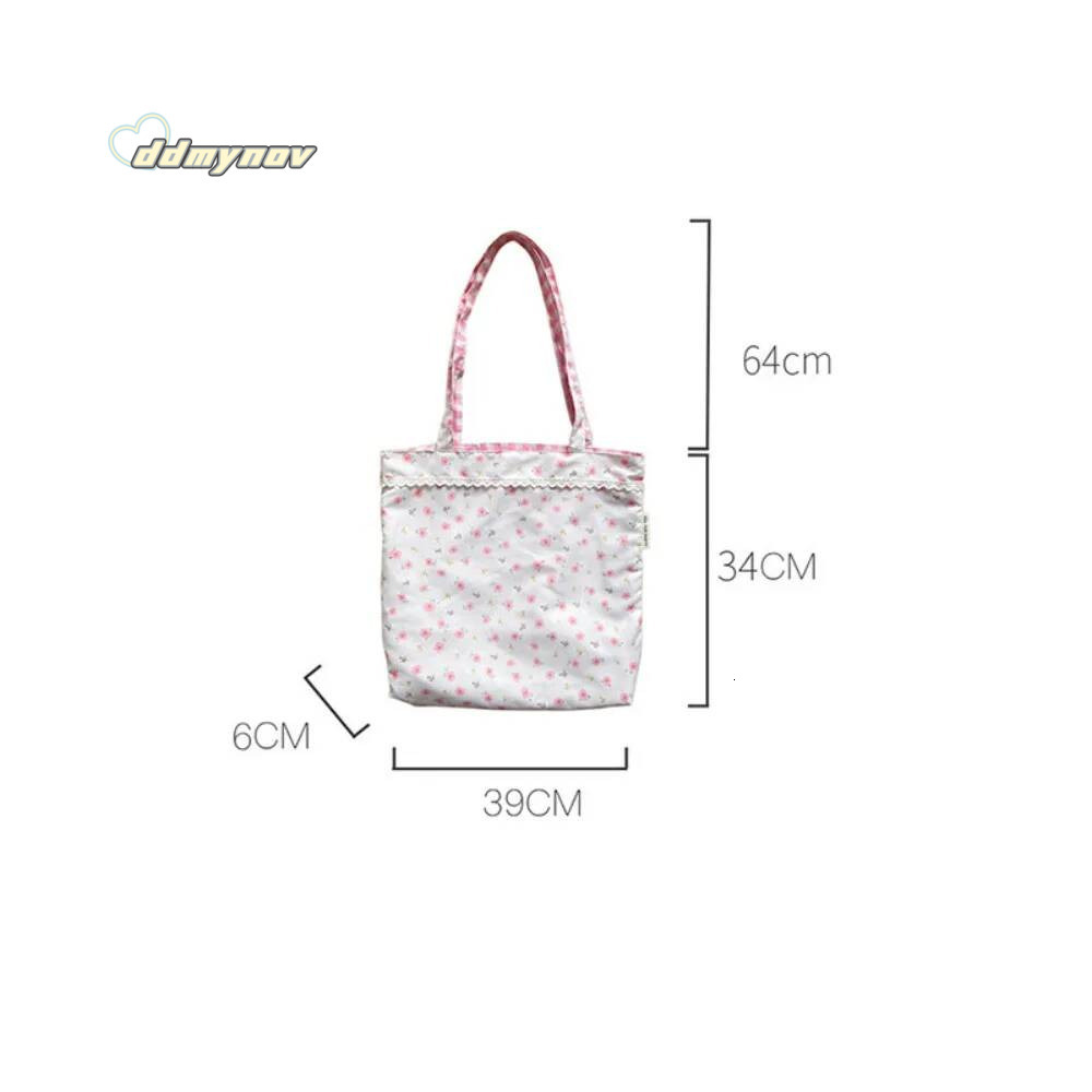 Pink Floral Canvas Shoulder Handbag Korean Travel Beach Double-sided Shopping Totes Girl Lace Underarm Bag ddmynov