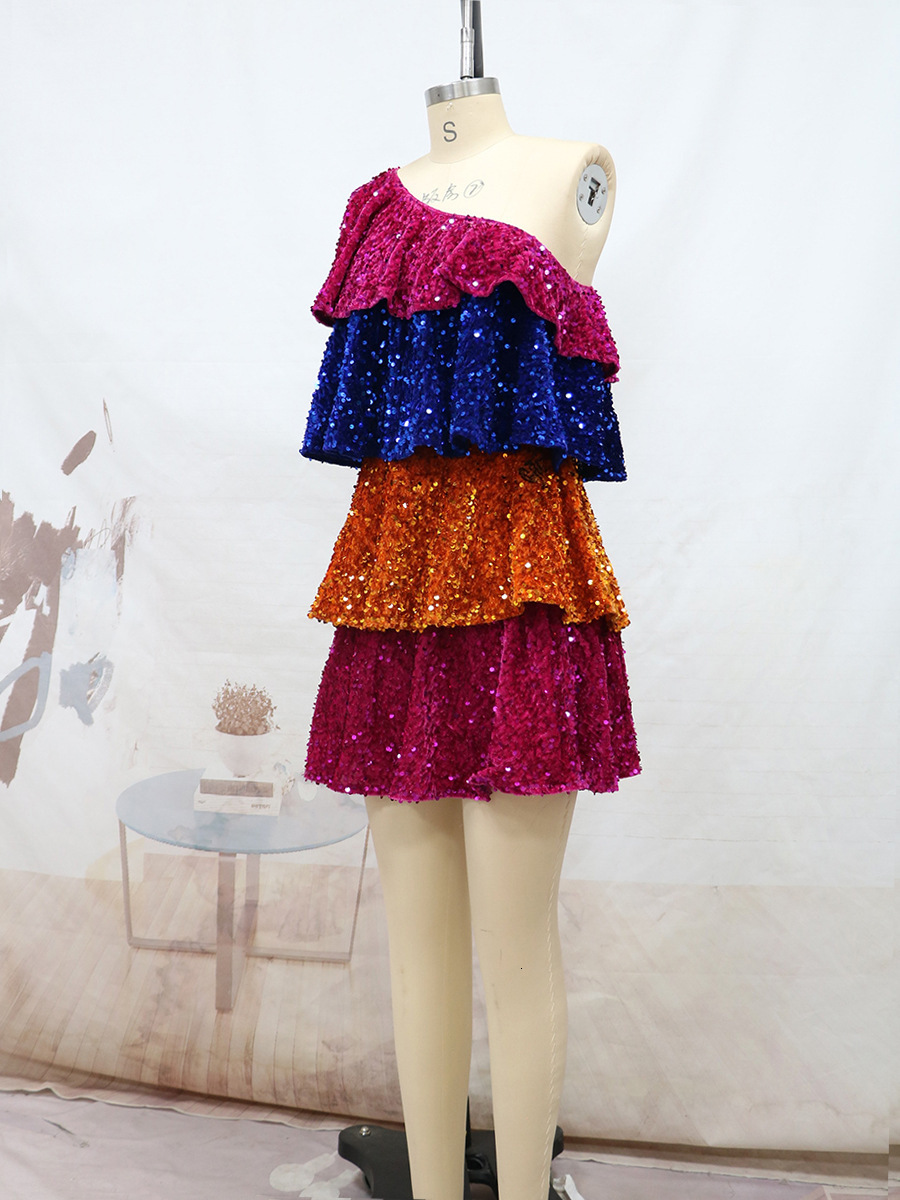 New Womens Short Sequins Off the Shoulder Sleeveless Splice Spicy Three Color Overlay Cake Dress
