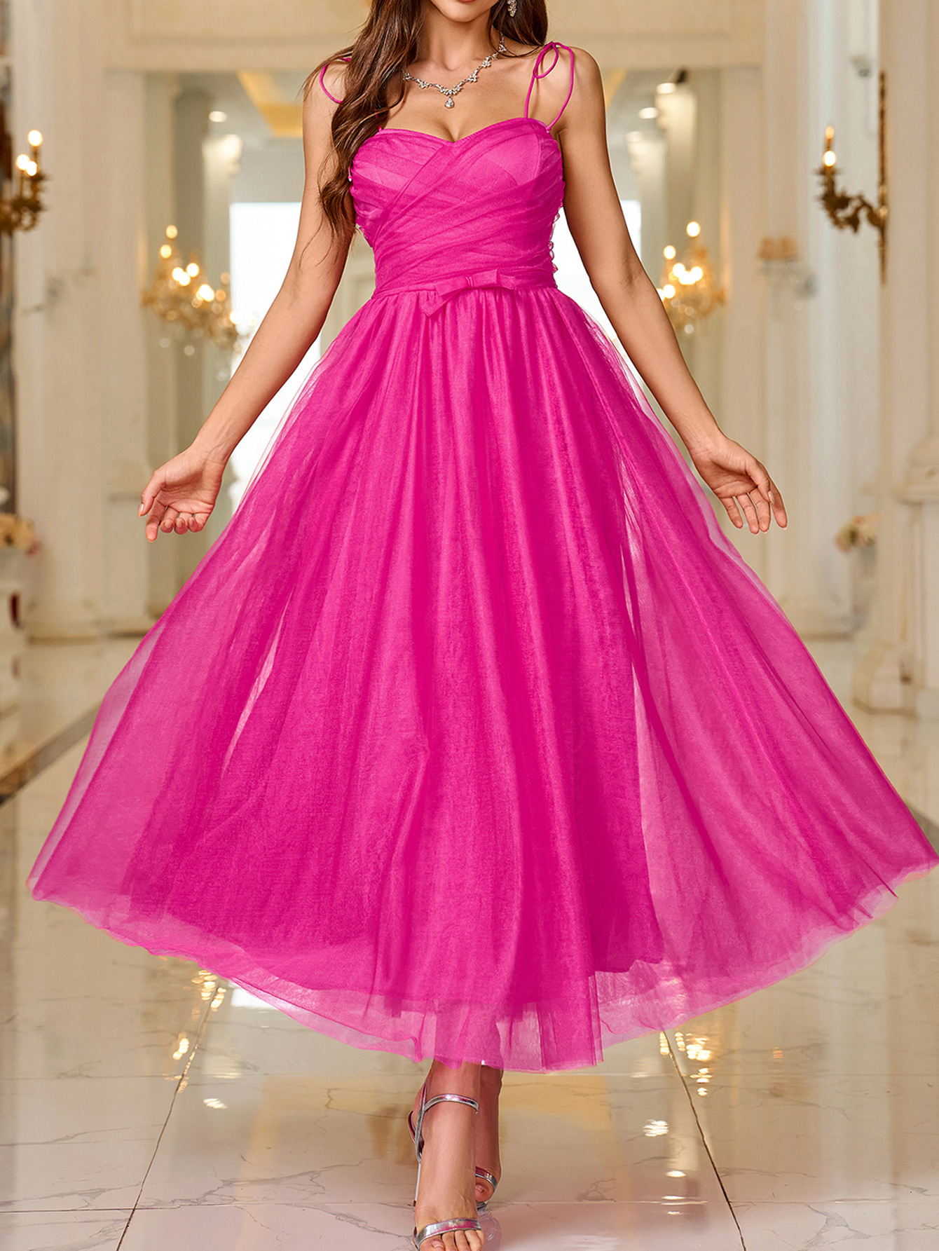 Summer New Strap Dress Solid Color Elegant Womens Mesh Skirt