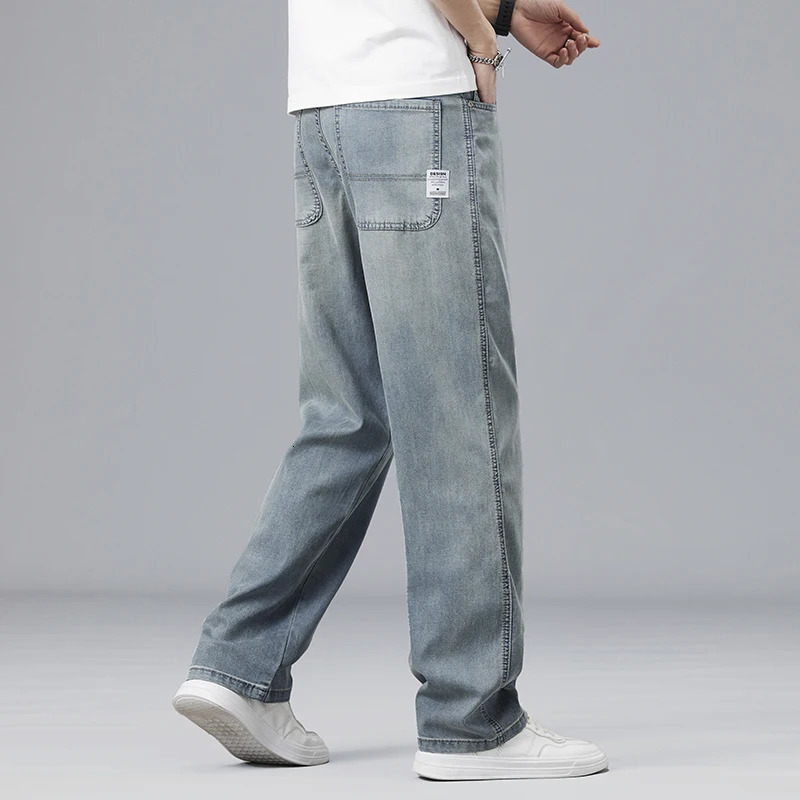 Summer Ultrathin Lyocell Mens Jeans Drape Soft Fabric Loose Straight Casual Denim Pants Elastic Ice Silk Male Trousers 250520Z
