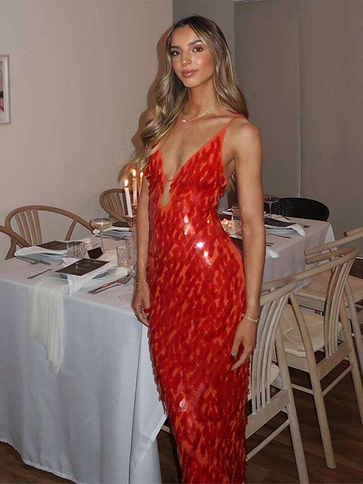 Fashion Women's Sequined Slip Long Dress Sleeveless V-neck Hollow Out Backless Slim Robe 2025 Summer Chic Female Party Dresses