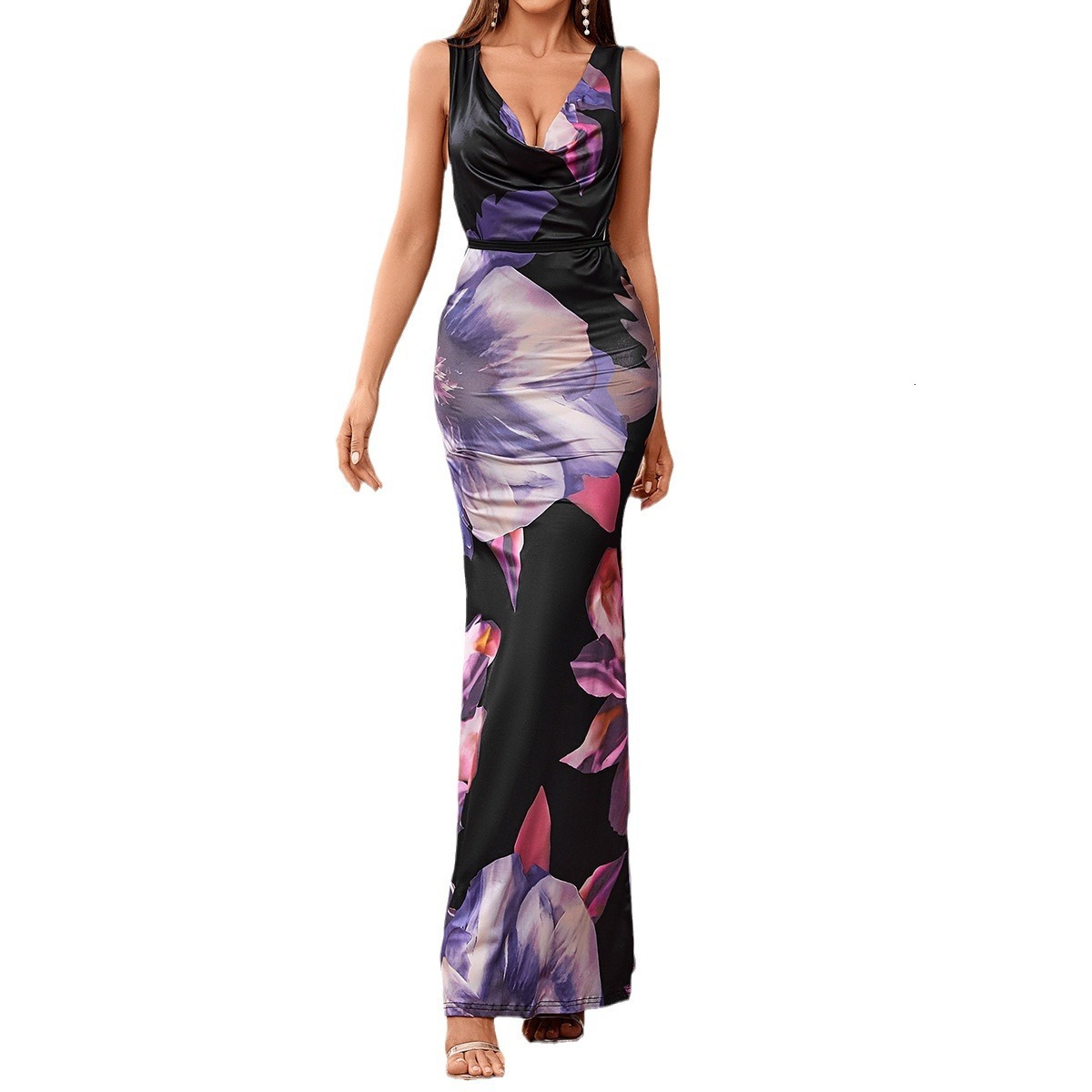 New sexy backless printed neck hanging dress black long dress for women