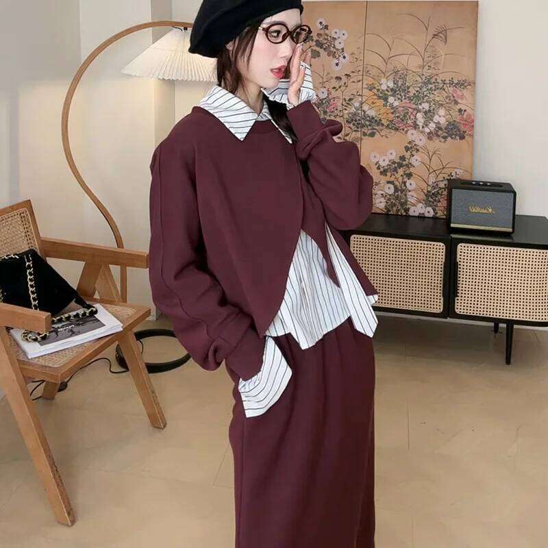 London Nightgown Women's Niche Design Sense Wine Red Sweatshirt Anti-Aging Girl Two-Piece Set Autumn Season