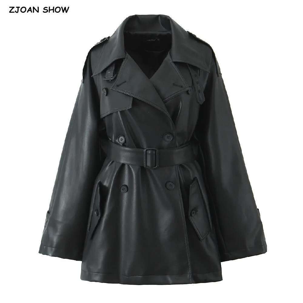 2024 American Retro COOL Women Lapel PU Leather Trench Black Tie Bow Sashe Bat Sleeve Windbreaker Midi Long Coat Loose Outerwear