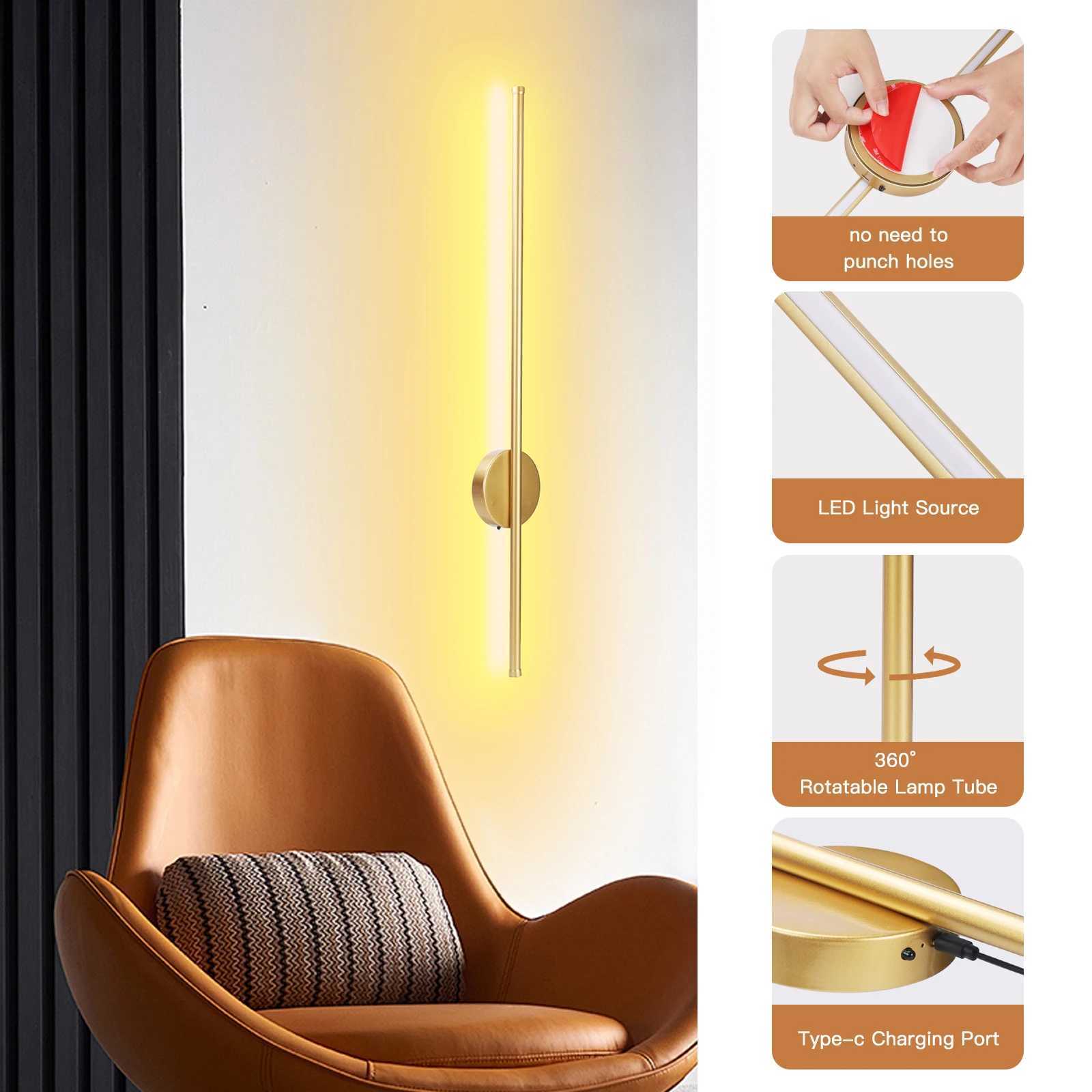 50cn/80cm LED Wireless Wall Lamp 5V USB Rechargeable Long Night Light with Remote Control Modern Simple Bedroom Bedside LampXJ250526