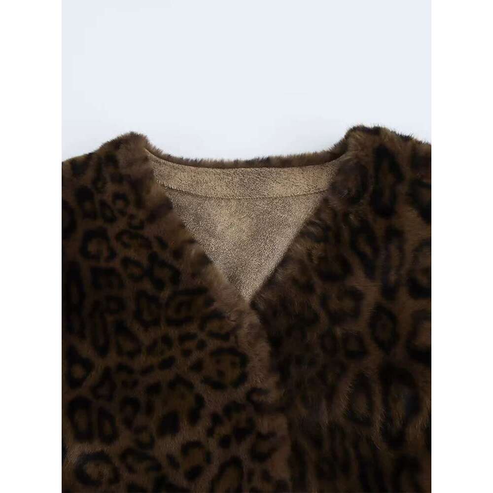 2024 women's leopard print mid-length fur integrated gold mink veet temperament slim v-neck coat