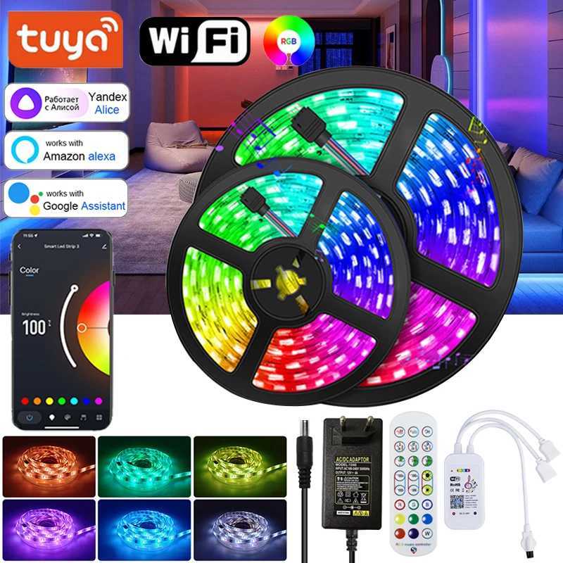 RGB LED Strip Lights 5050 Smart WiFi Kontrol Yapkan LED Band RGB 220V Yatak Odas Duvar Dekorasyon Iklar iin W250526