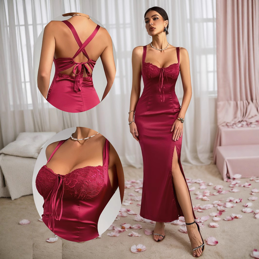 INS style summer new vacation style temperament sexy slim fit long skirt lace patchwork slit suspender dress