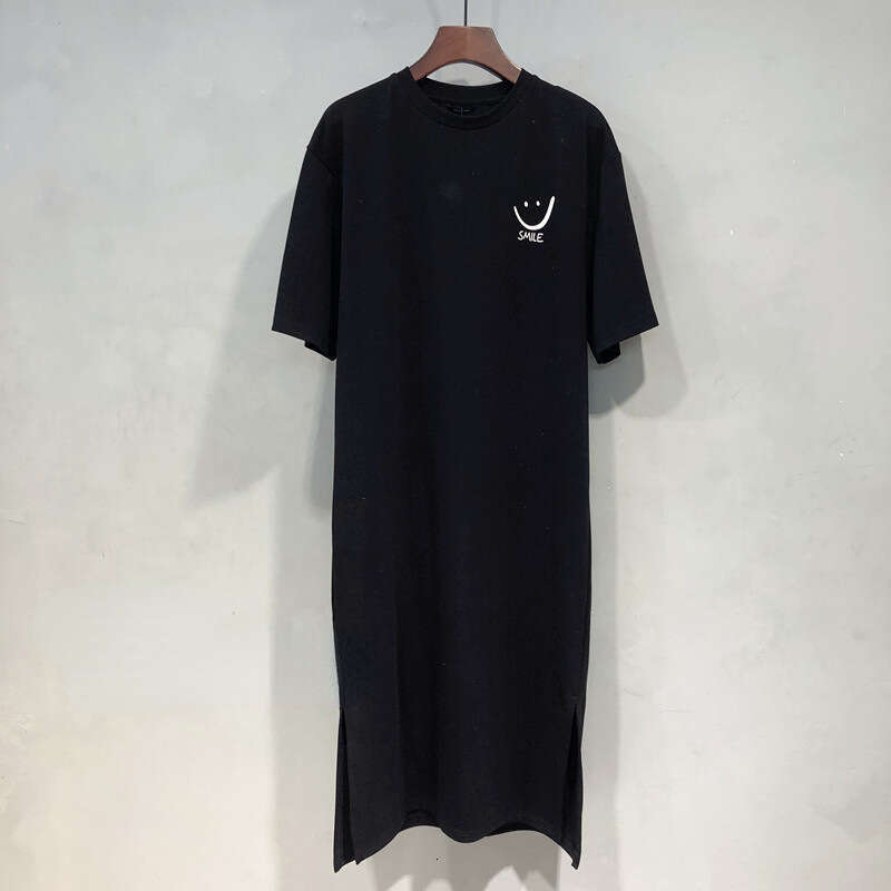 Tight Cut Out Dresses Summer New Versatile Loose Short Sleeve Korean Style Printed Split Mid Length Dress T Shirt For Women Trendy Sexy Dress